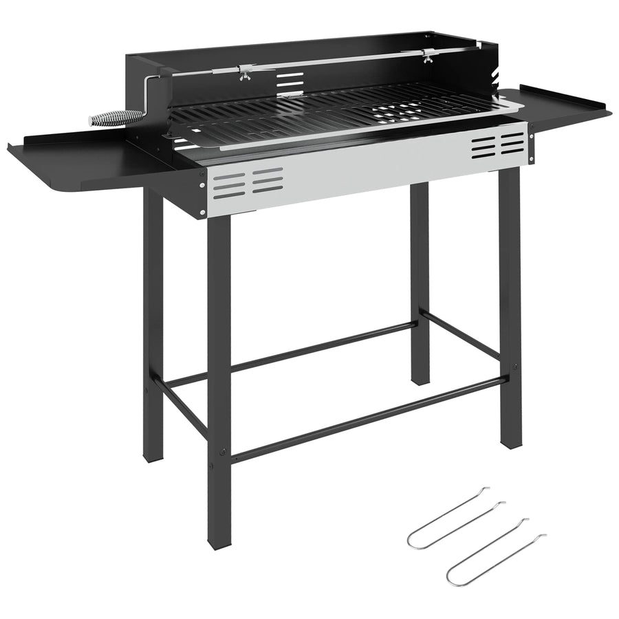 Outsunny Charcoal Spit Roasting BBQ Grill with Rotisserie, 3-Level Grate & Foldable Side Shelves
