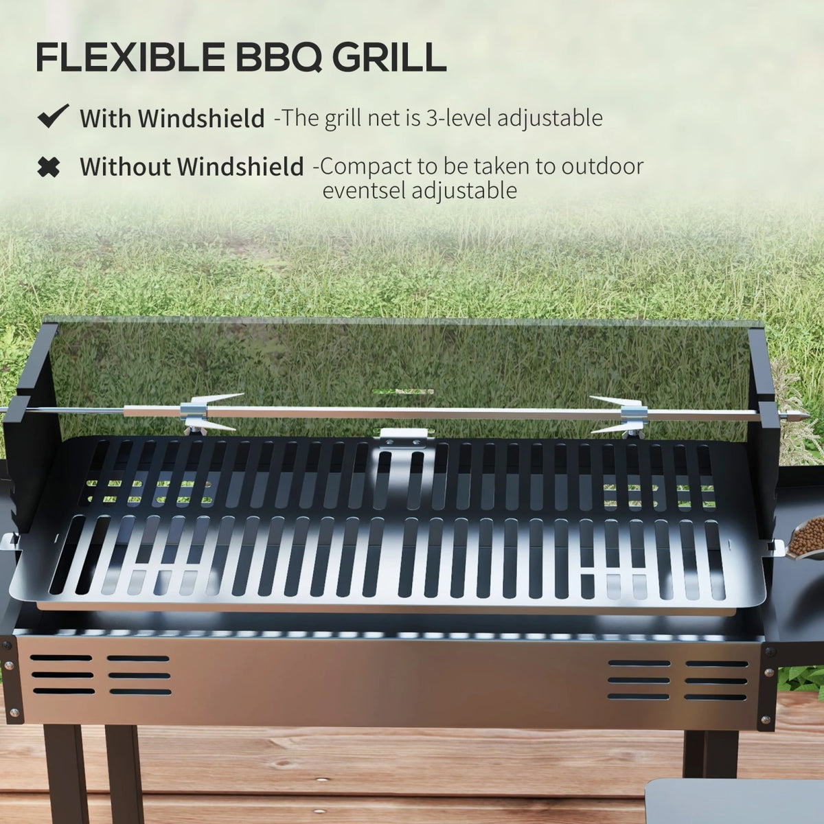 Outsunny Charcoal Spit Roasting BBQ Grill with Rotisserie, 3-Level Grate & Foldable Side Shelves