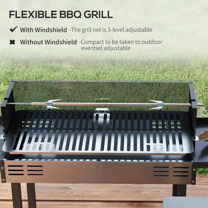 Outsunny Charcoal Spit Roasting BBQ Grill with Rotisserie, 3-Level Grate & Foldable Side Shelves