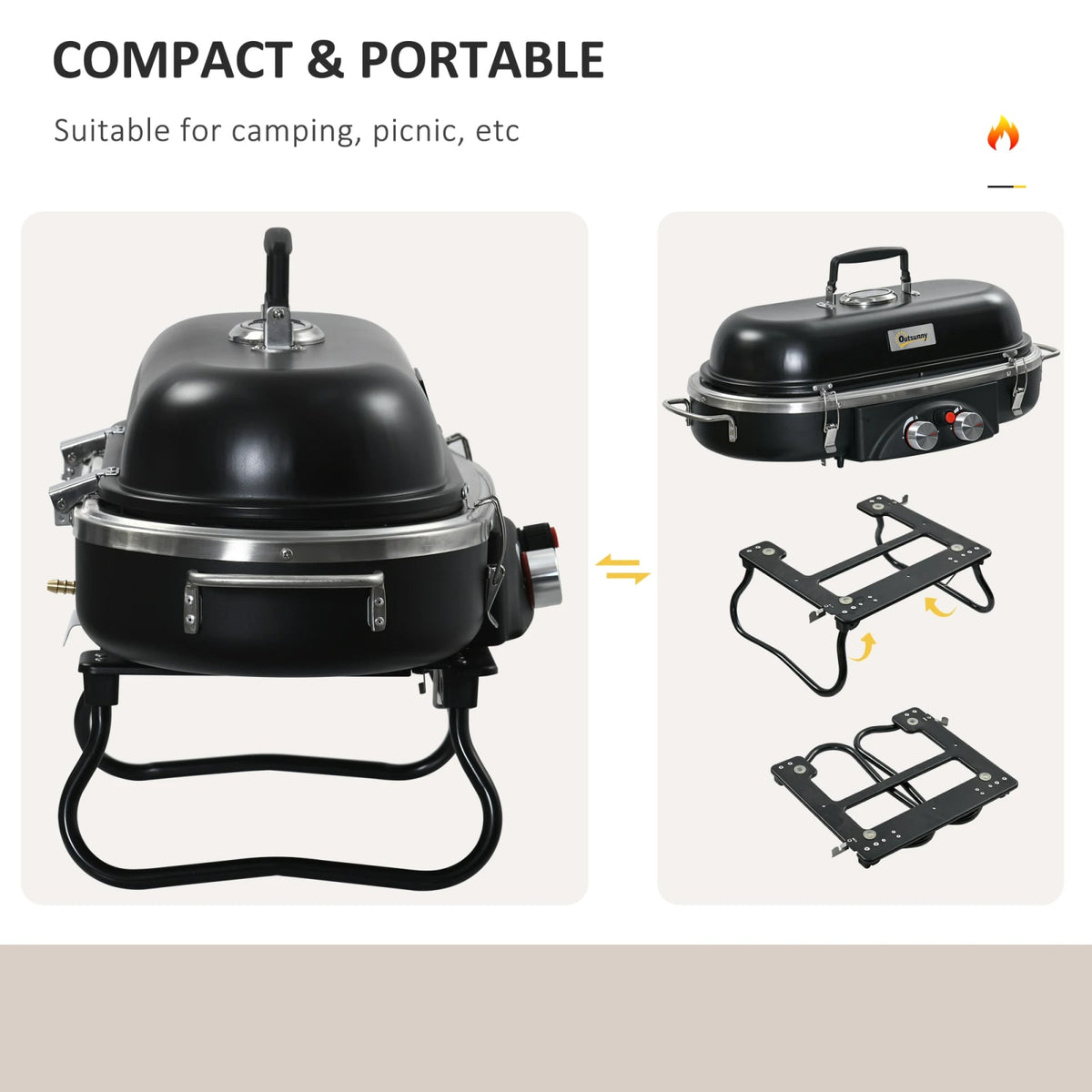 Outsunny Foldable 2-Burner Gas BBQ Grill, Propane/Butane, Black