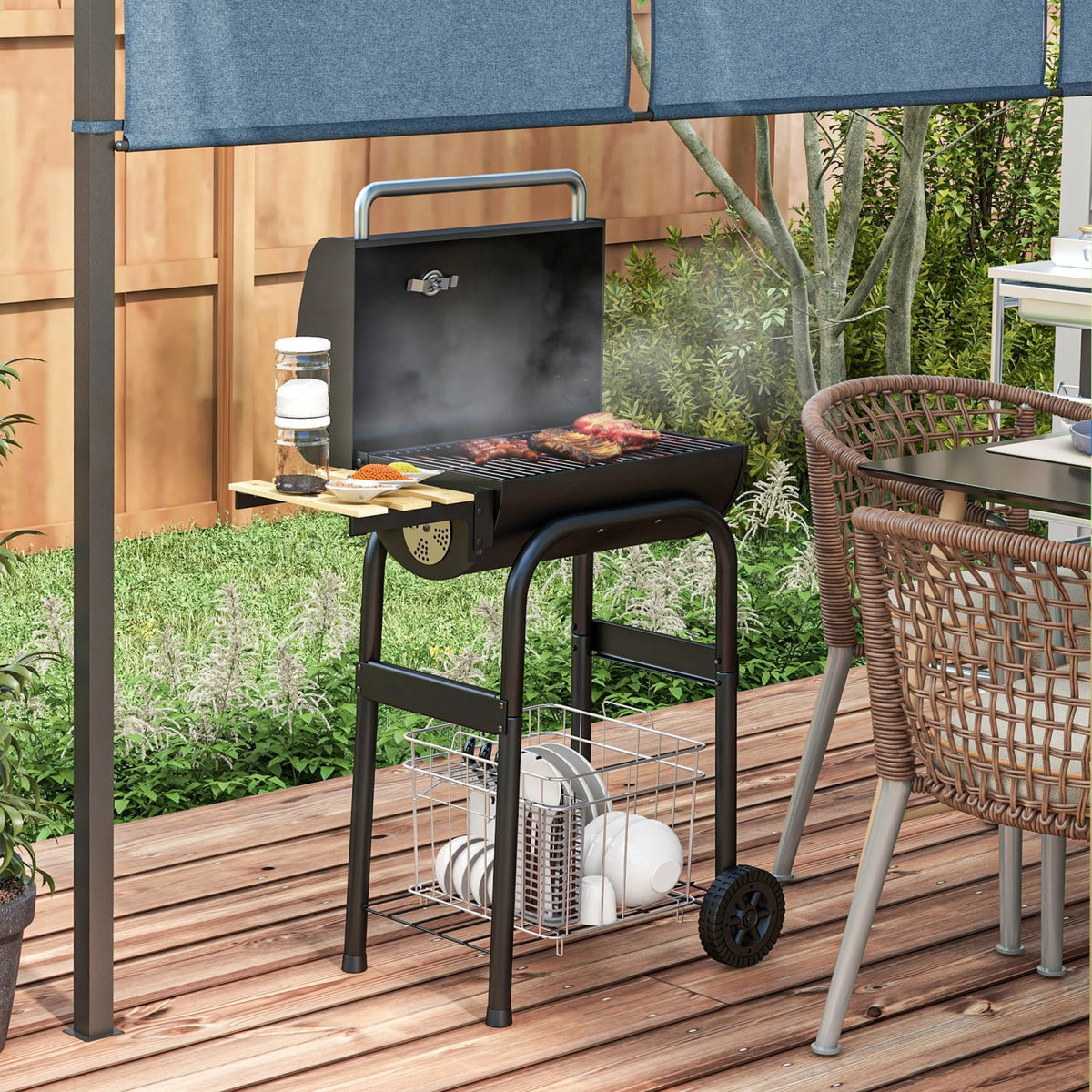 Outsunny Charcoal BBQ Grill Trolley with Lid, Shelves and Thermometer