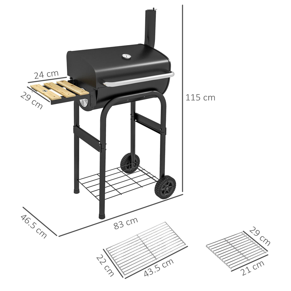 Outsunny Charcoal BBQ Grill Trolley with Lid, Shelves and Thermometer