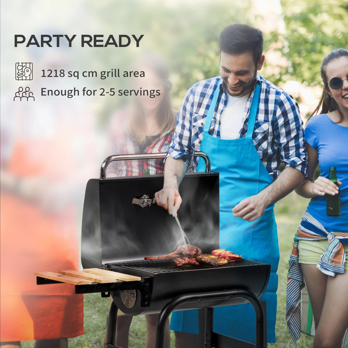 Outsunny Charcoal BBQ Grill Trolley with Lid, Shelves and Thermometer