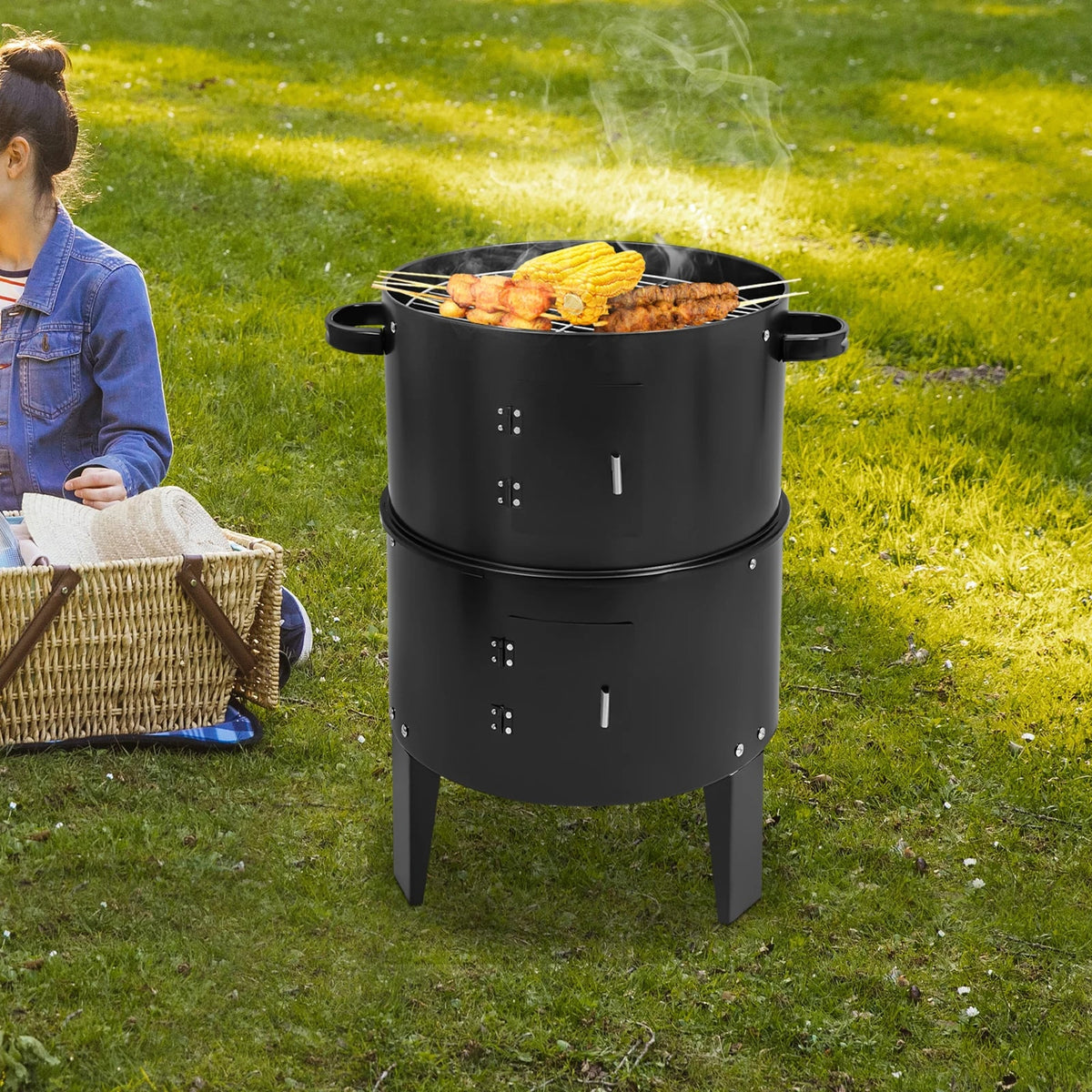 84cm Metal Charcoal BBQ Smoker Grill with Built-in Thermometer, 2 Layers, Black