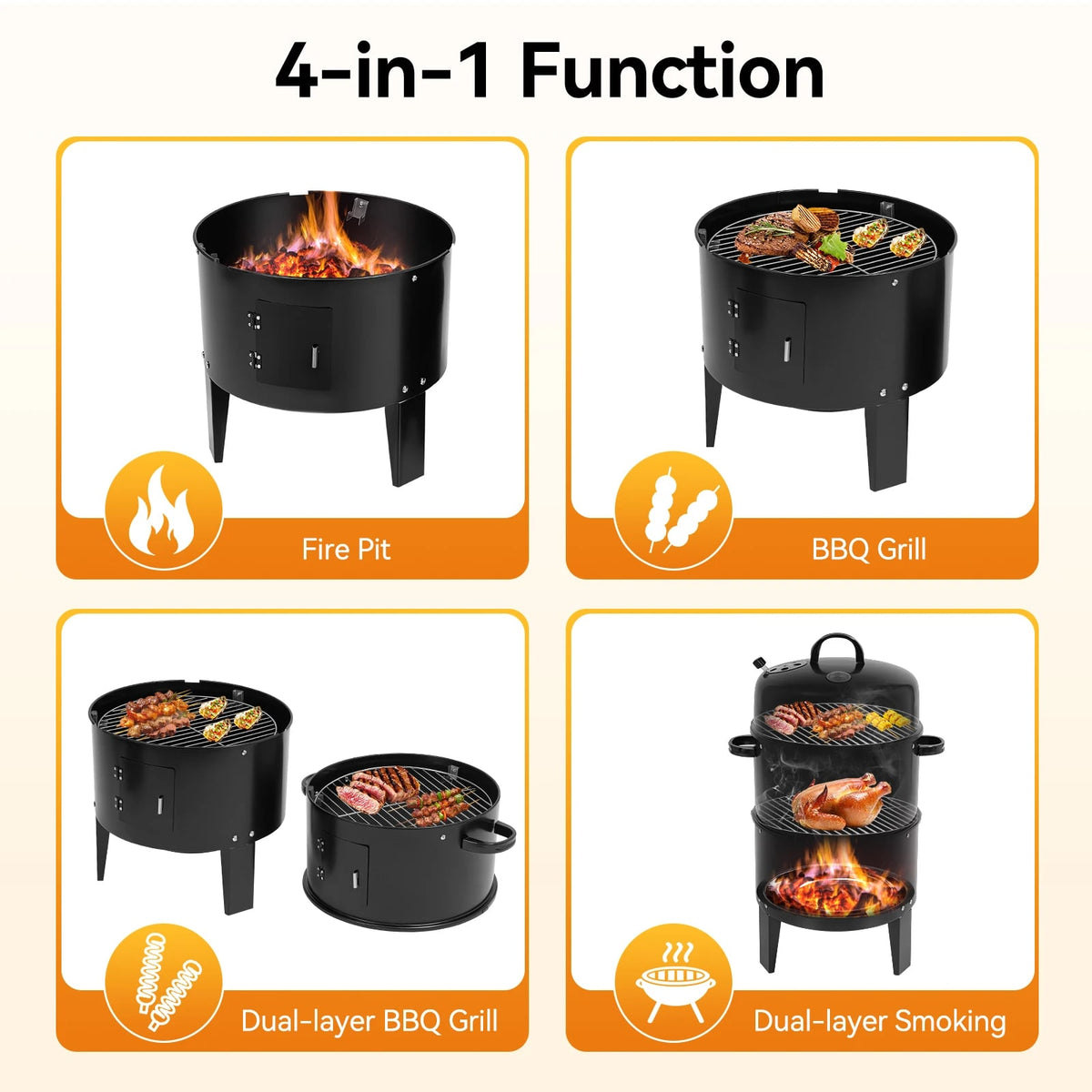 84cm Metal Charcoal BBQ Smoker Grill with Built-in Thermometer, 2 Layers, Black